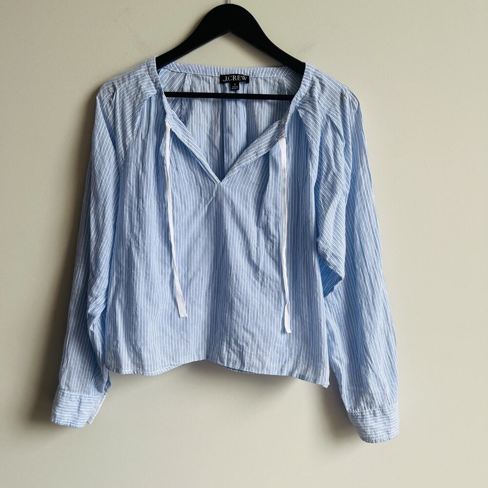 J.Crew Top Blue Stripe Split Neck Long Sleeve Size M Peasant Cotton